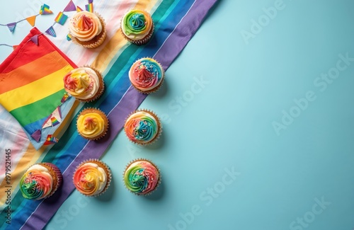 Collection of rainbow cupcakes arranged on striped cloth. Colorful frosting and sprinkles adorn sweet treats. Bunting flags with pride colors complete festive food scene.