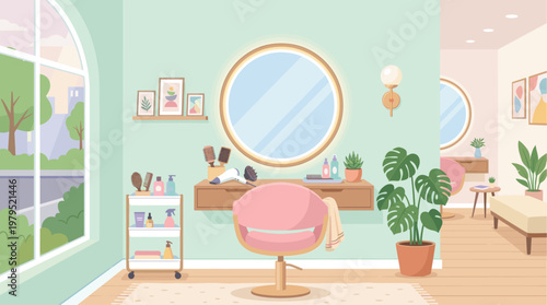 A bright, modern hair salon interior features a pink styling chair, round mirror, hairdryer, brushes, and plants, with a large window looking out to greenery.