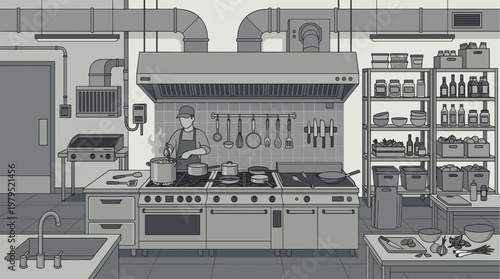 A busy chef in a professional kitchen prepares food over a stove, surrounded by equipment, ingredients, and storage shelves, illustrating culinary operations.