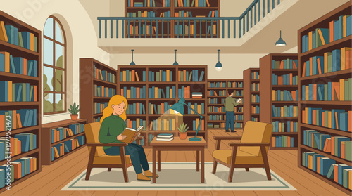 A woman and a man are enjoying books in a warm, inviting library with tall bookshelves and comfortable seating, creating a peaceful atmosphere for learning and relaxation.