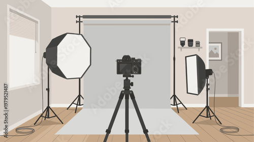 A clean and minimalist vector illustration depicts a professional photography studio setup with a camera on a tripod, softbox lights, and a backdrop, ready for a shoot.