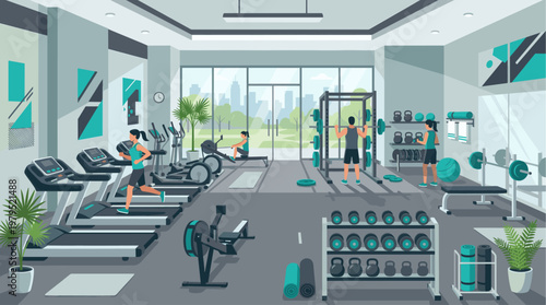 A modern, spacious gym interior filled with cardio machines, weight racks, and people exercising, showcasing a healthy lifestyle and fitness focus with a city view.