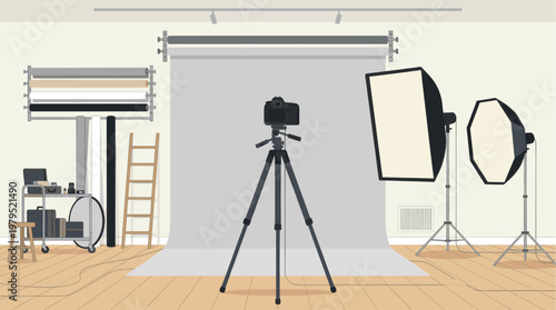 A clean, vector illustration of a professional photo studio with a camera on a tripod, softbox lights, and backdrop rolls on a wooden floor.