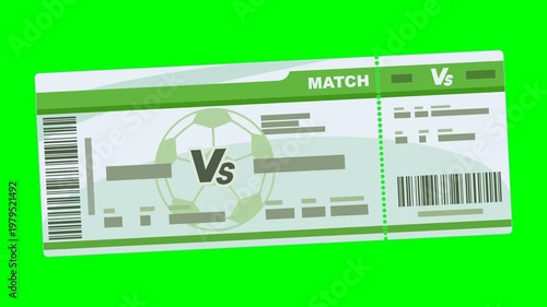 A soccer match ticket falling from the top to the center of the frame for sports event access. Chroma key green screen with alpha channel.