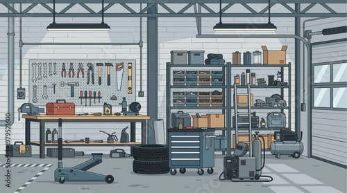 A well-organized illustration of a clean, modern garage workshop with tools neatly arranged on pegboards and shelves, ready for use.