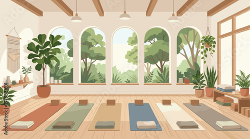 A bright, airy yoga studio featuring multiple mats, props, and lush green plants, with large arched windows looking out onto a peaceful garden.