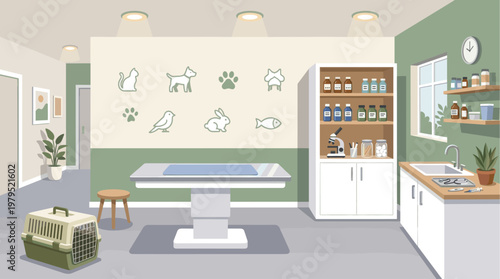A clean, modern veterinary clinic examination room with a treatment table, medical supplies, and animal icons on the wall, ready for pet care.