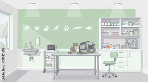 A domestic cat sits on an examination table in a clean, modern veterinary clinic, ready for its check-up, surrounded by medical equipment and supplies.