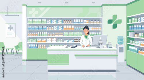 A friendly female pharmacist stands behind the counter of a modern pharmacy, surrounded by shelves stocked with medications and health products.