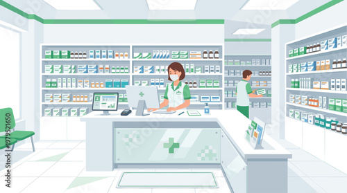 A female pharmacist wearing a mask helps a customer in a modern pharmacy with shelves stocked with medicines.