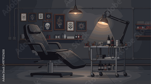 A dark and moody illustration of an empty tattoo parlor with a reclined tattoo chair, a cart of supplies, and framed artwork on the wall.