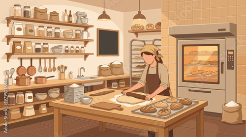 A female baker wearing an apron and headscarf rolls out dough with a rolling pin in a cozy, sun-drenched bakery kitchen filled with bread, ingredients, and baking equipment.