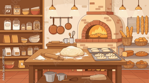 A cozy illustrated bakery scene with fresh dough on a wooden table, a brick oven with baking bread, and shelves stocked with ingredients and finished loaves.