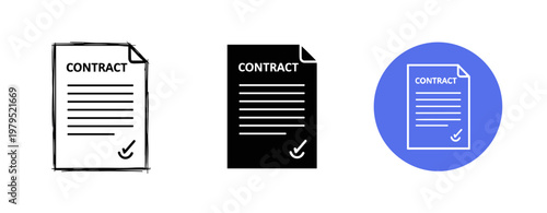 Minimalist contract icons set with check marks and text in various styles