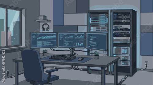 A modern server room workstation features a desk with multiple monitors displaying data graphs and code, alongside a server rack filled with equipment and cables, suggesting a high-tech environment.