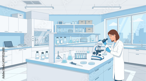 A female scientist in a lab coat and safety glasses uses a microscope at a laboratory bench filled with scientific equipment and glassware, with a city view through the window.