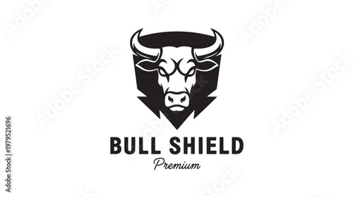 Bull shield logo with stylized horned cattle head in black emblem design for premium branding, security badge, and sports identity.