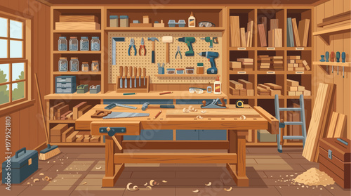 A tidy woodworking shop filled with tools, lumber, and jars of fasteners, featuring a workbench and shelves, ready for a new project.