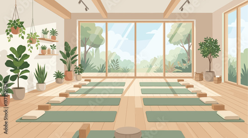 An inviting yoga studio with natural light, arranged yoga mats, lush green plants, and expansive windows overlooking a serene outdoor landscape.