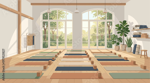 A bright and airy yoga studio is set up with mats and blocks, bathed in natural light streaming through large windows overlooking lush greenery, creating a serene and inviting atmosphere.