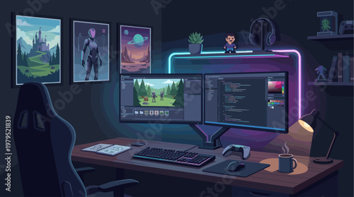 A dark room with a gamer chair, dual computer monitors displaying code and game scenes, and stylized artwork on the wall, illuminated by neon lights.