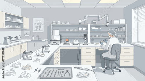 A dental technician in a laboratory crafts dental prosthetics with specialized tools and equipment, showcasing precision and care in dentistry.