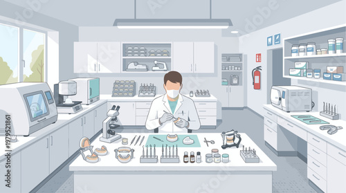 A dentist in a white coat and mask works in a clean, modern laboratory, meticulously crafting dental prosthetics with precision tools.