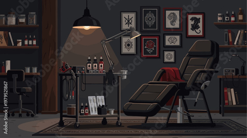 A vector illustration of a clean, organized tattoo studio with a reclining chair, tattoo machine, ink bottles, and artwork displayed on the walls.