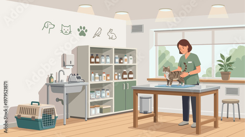 A female veterinarian gently examines a tabby cat on an examination table in a bright, clean veterinary clinic, surrounded by medical supplies and pet-themed decor.