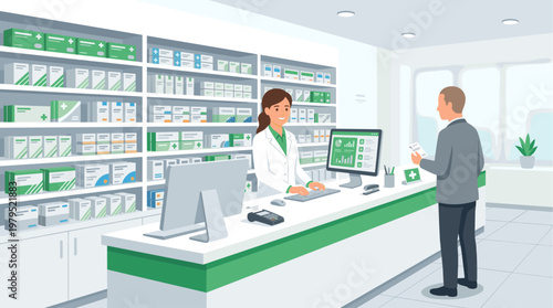 A friendly female pharmacist in a white lab coat assists a male customer at the counter of a modern, well-stocked pharmacy, with shelves full of medications.