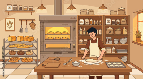 A cheerful baker is actively rolling dough on a wooden table in a cozy bakery, surrounded by shelves of bread, flour sacks, and baking equipment.
