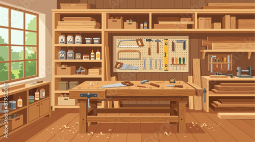 A well-organized woodworking workshop interior featuring a sturdy workbench with various tools, lumber, and supplies neatly stored on shelves, bathed in natural light from a window.