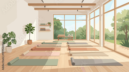 An empty, bright yoga studio with rolled yoga mats on a wooden floor and large windows offering a view of greenery, creating a peaceful atmosphere.