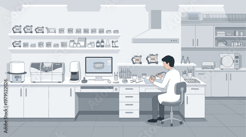 A male dental technician meticulously crafts dental prosthetics using modern equipment in a clean, well-lit laboratory.