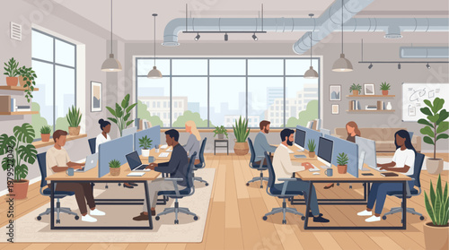Diverse individuals collaborate and work individually on computers in a bright, modern open-plan office filled with plants and natural light.