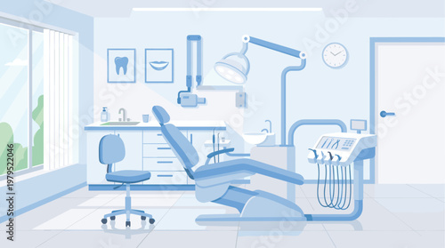 Bright and clean dental examination room with a blue dentist chair, examination lamp, and dental instruments, ideal for medical and healthcare concepts.