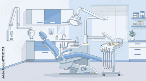 Modern, clean dental clinic examination room with a blue dental chair, equipment stand, sink, and cabinets, rendered in a simple, illustrative style.