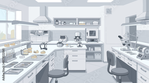 A well-lit dental laboratory filled with modern equipment, tools, and dental models, illustrating a clean and organized workspace for dental prosthetics.