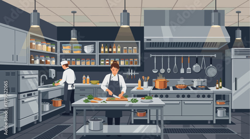 Two chefs in uniform work diligently in a well-equipped commercial kitchen, preparing food and organizing ingredients.