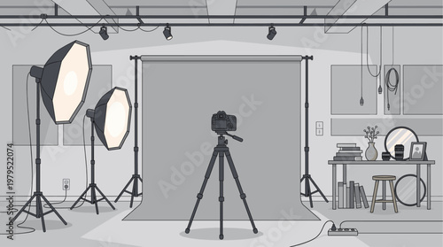 A clean, minimalist illustration of a professional photography studio with a camera on a tripod, softbox lights, a backdrop, and various props.