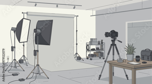 This cartoon illustration depicts a professional photography studio with a large white backdrop, lighting equipment, a camera on a tripod, and various accessories arranged on a cart and table.