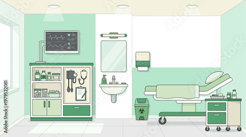 A clean, modern medical exam room interior featuring a patient bed, vital signs monitor, sink, and medical supplies, rendered in a flat, illustrative style with green and white tones.