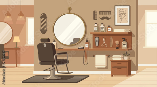 A modern barber shop interior featuring a styling chair, mirror, barber pole, grooming tools, and bottles, perfect for themes of grooming and style.