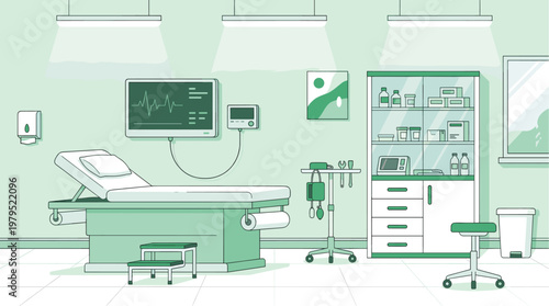 A clean, modern medical exam room interior illustrated in a minimalist style with green and white tones, featuring an examination table, medical equipment, and cabinets.