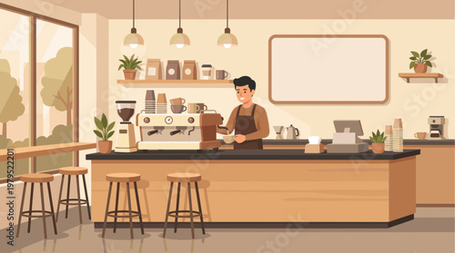 A friendly barista smiles while preparing a coffee drink behind a wooden counter in a warm, inviting cafe filled with natural light.