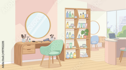 A clean and modern beauty salon interior featuring a styling station with a mirror, hairdryer, brushes, scissors, and various beauty products on shelves.