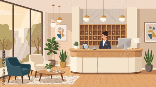 A smiling female receptionist in a suit stands behind a wooden counter in a modern hotel lobby, ready to assist guests.