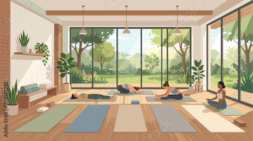 Diverse women practice yoga poses in a bright, airy studio with large windows overlooking a lush garden, promoting wellness and tranquility.