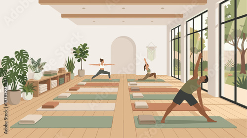 People of different ethnicities practice yoga in a sunlit studio with plants, mats, and towels, conveying wellness and community.