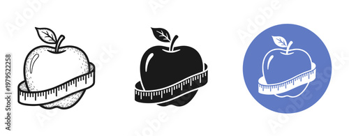 Black and white apple designs with measuring tape for healthy living concepts